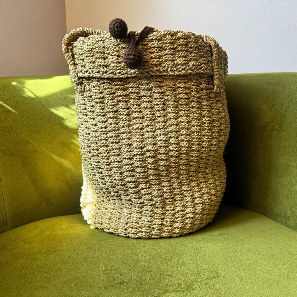 Seagrass Knitting Basket Shopper Bag, Brown Canvas Drawstring Closure